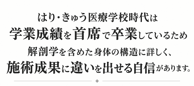 はり・きゅう学校時代は学業成績を首席で卒業しているため、解剖学を含めた身体の構造に詳しい。
