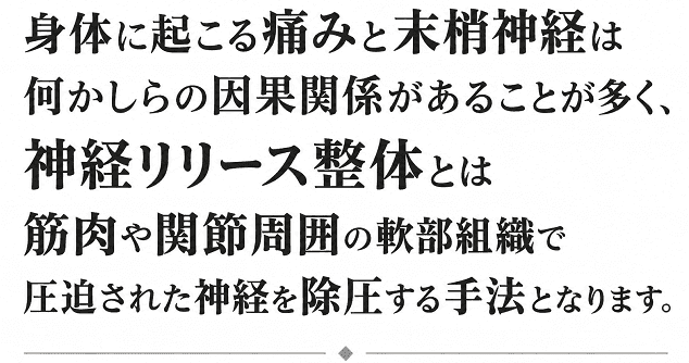 身体に起こる痛みと末梢神経の圧迫は何かしらの因果関係があることが多く。神経リリース整体とは圧迫された神経を除圧する手法となります。